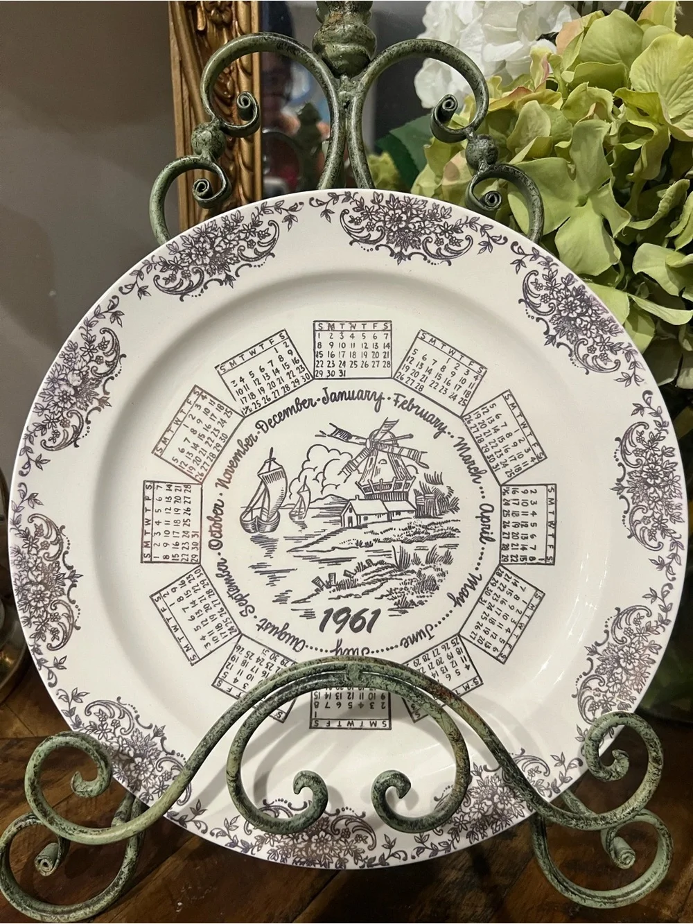 1961 Decorative Calendar Plate - White with Brown Transferware
